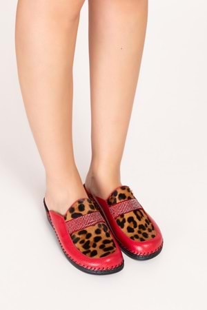 Gondol Ortopedik Deri Leopar Desenli Taşlı Sabo Terlik yprk.535 - kırmızı - 38