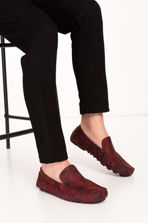 Gondol Erkek Hakiki Deri Esnek Taban Kamuflaj Desenli Loafer Ayakkabı tx.11870 - kırmızı - 43