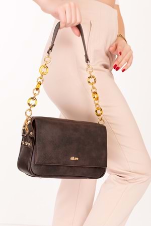 Gondol Kadın Çift Bölmeli El ve Omuz Çantası ald.1153 - Kahverengi - TEK EBAT