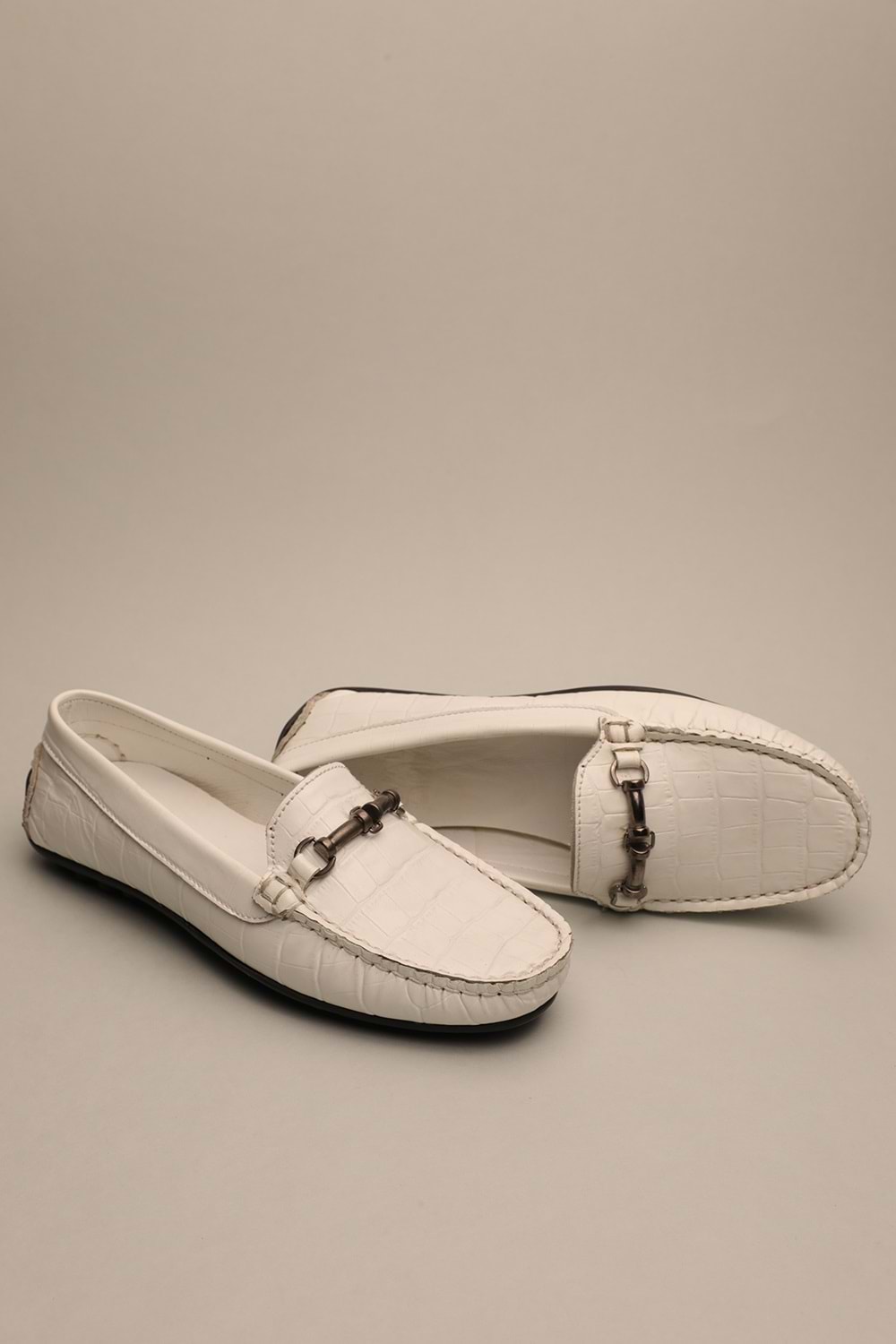 Gondol Kadın Hakiki Deri Klasik Loafer Beyaz Croco 37 ttx.782