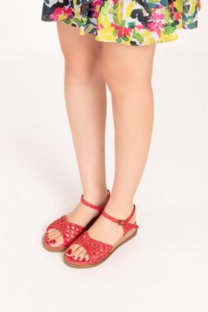 Gondol Kadın Hakiki Deri El Örgüsü Özel Hasır Sargılı Sandalet ell.7245 - Nar - 36