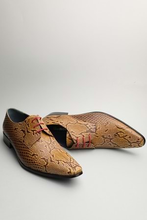 Gondol Erkek Hakiki Deri Sivri Burun Özel Deri Tasarımlı Kundura tz.611 - Sarı Yılan - 46