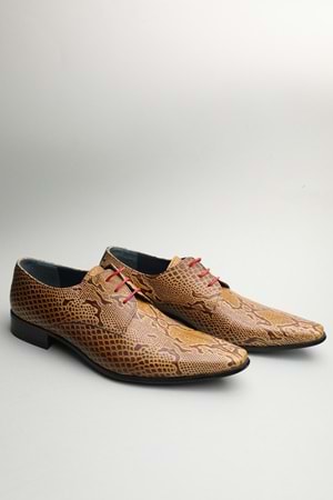 Gondol Erkek Hakiki Deri Sivri Burun Özel Deri Tasarımlı Kundura tz.611 - Sarı Yılan - 46