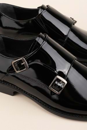 Gondol Erkek Hakiki Deri Sivri Burun Çift Toka Kundura tz.612 - siyah rugan - 42