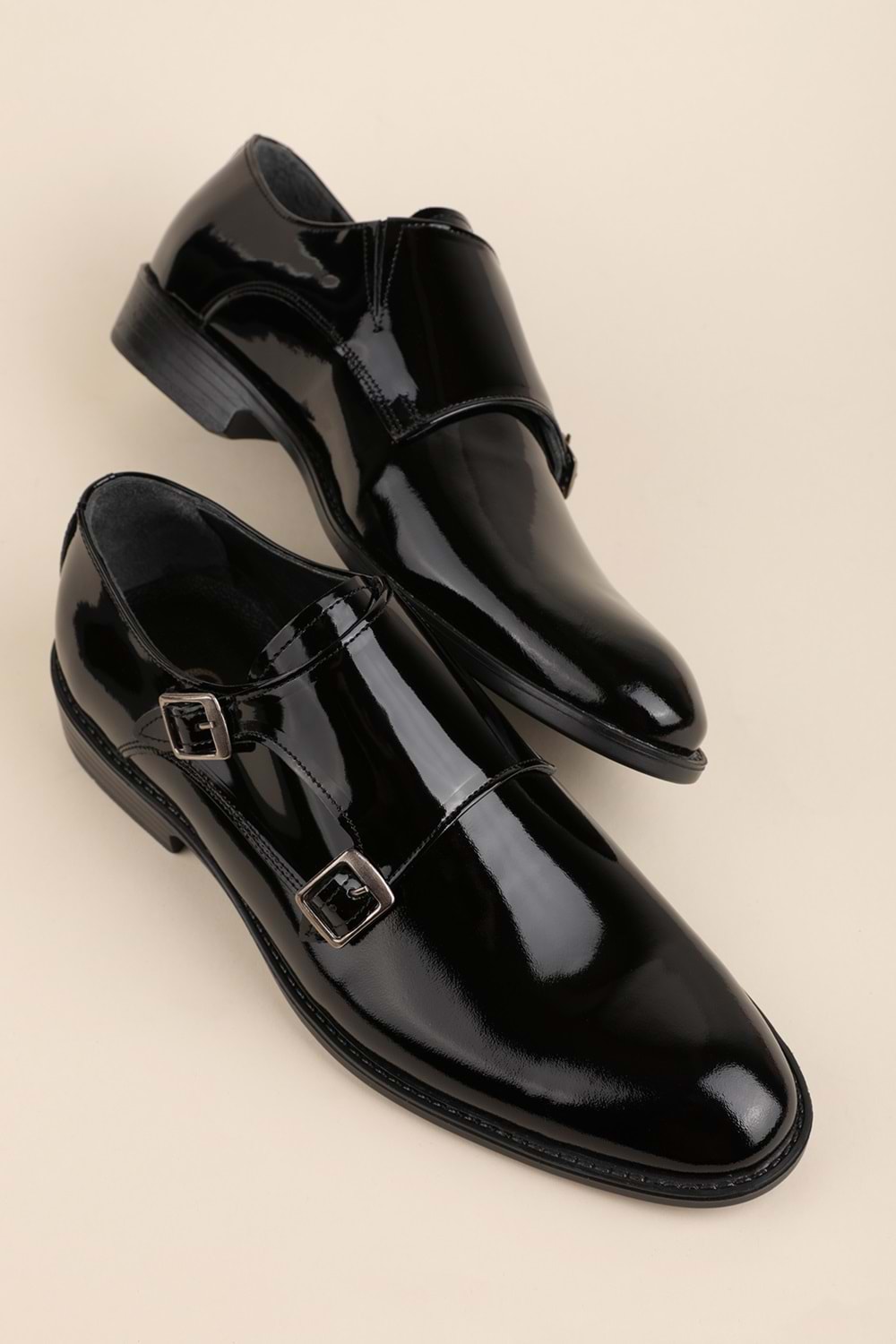 Gondol Erkek Hakiki Deri Sivri Burun Çift Toka Kundura tz.612 - siyah rugan - 42