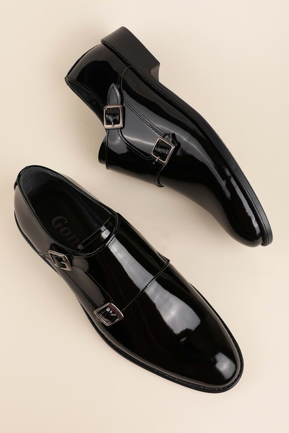 Gondol Erkek Hakiki Deri Sivri Burun Çift Toka Kundura tz.612 - siyah rugan - 42