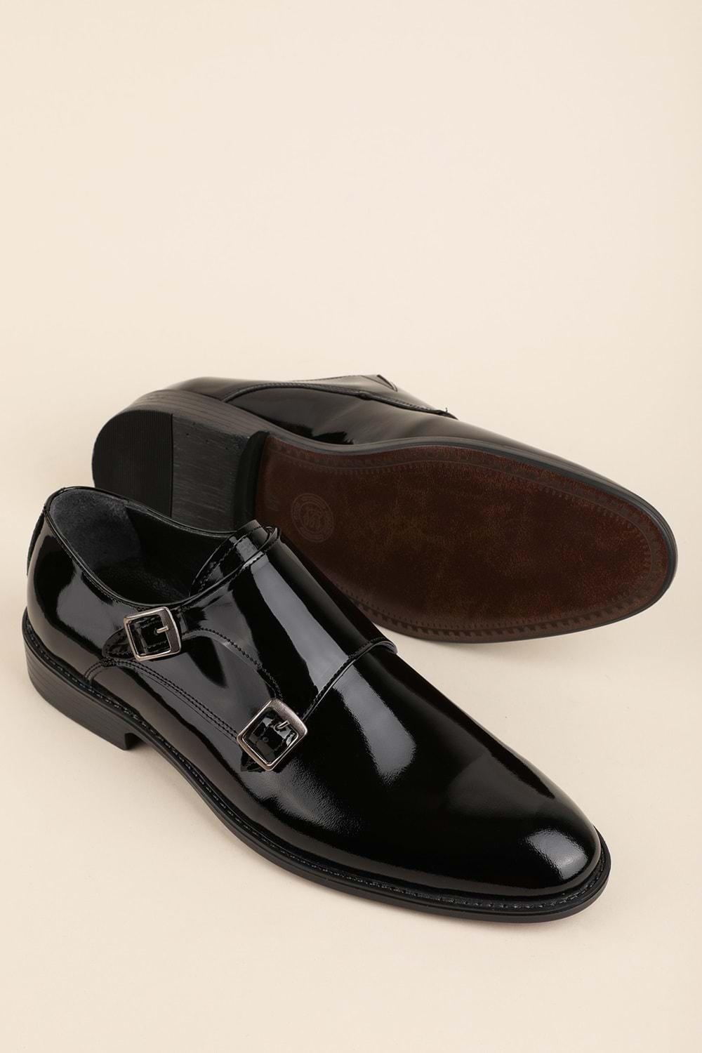 Gondol Erkek Hakiki Deri Sivri Burun Çift Toka Kundura tz.612 - siyah rugan - 42