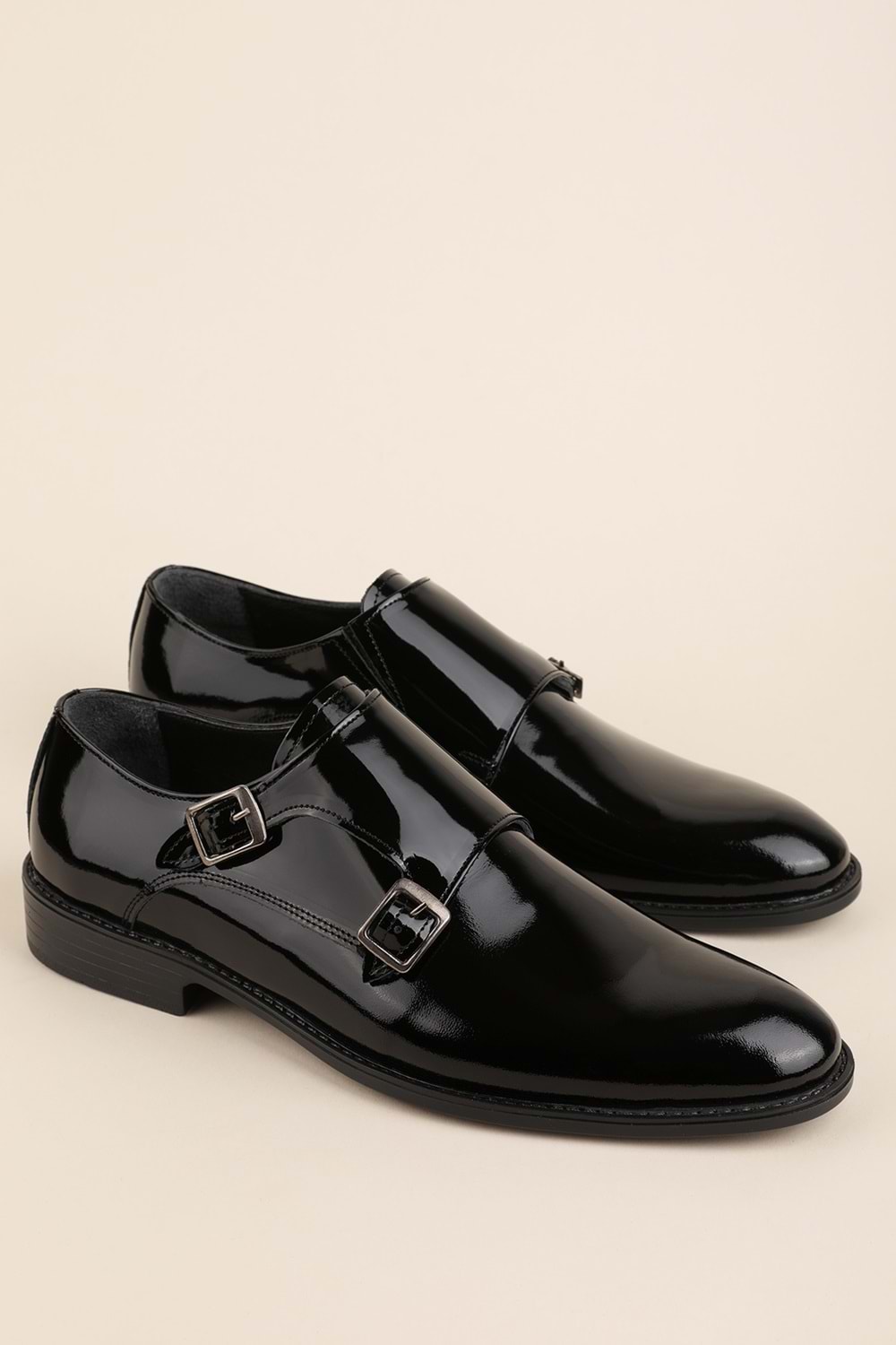 Gondol Erkek Hakiki Deri Sivri Burun Çift Toka Kundura tz.612 - siyah rugan - 43