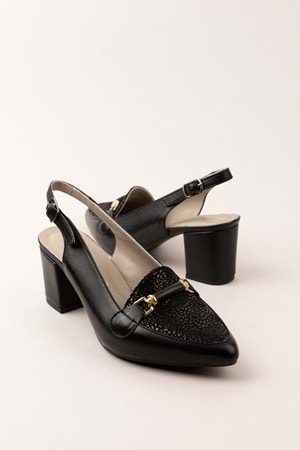 Gondol Kadın Hakiki Deri Şık Toka Detaylı Sivri Burunlu Topuklu Ayakkabı vdt.233 - Siyah - 42