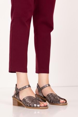 Gondol Kadın Hakiki Deri Orta Topuklu Günlük Şık Sandalet anl.3363 - Antrasit - 39