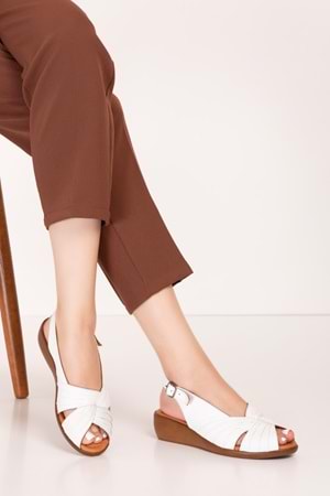 Gondol Hakiki Deri Dolgu Topuklu Rahat Anne Sandalet mlk.5813 - Beyaz - 36