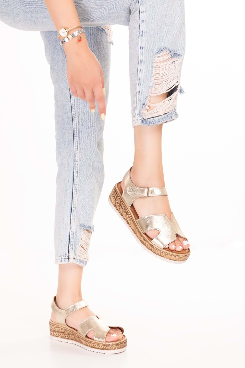 Gondol Hakiki Deri Anatomik Yumuşak Taban Rahat Sandalet irm.100 - Gold - 37