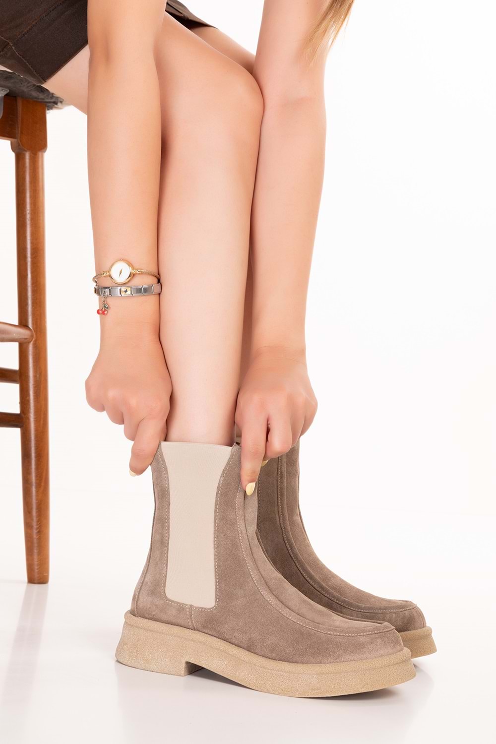 Gondol Kadın Hakiki Deri Yanları Lastikli Şık Bot Wylda - Taba Süet - 37