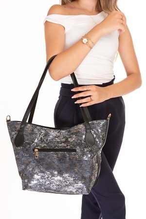 Gondol Kadın Çift Bölmeli El ve Omuz Çantası ars.856 - Siyah Gümüş - TEK EBAT