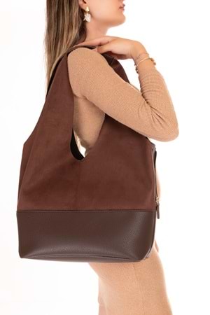 Gondol Kadın Süet Detaylı Omuz Çanta ars.1966 - Kahve Süet - TEK EBAT