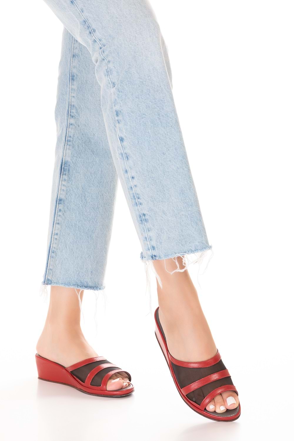 Gondol Hakiki Deri Fileli Şık Atom Ev Terliği Blc.26 - kırmızı - 39