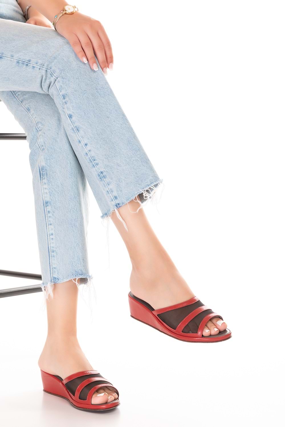 Gondol Hakiki Deri Fileli Şık Atom Ev Terliği Blc.26 - kırmızı - 41