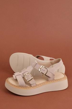 Gondol Hakiki Deri Rahat Günlük Sandalet asy.1169 - Bej Süet - 36