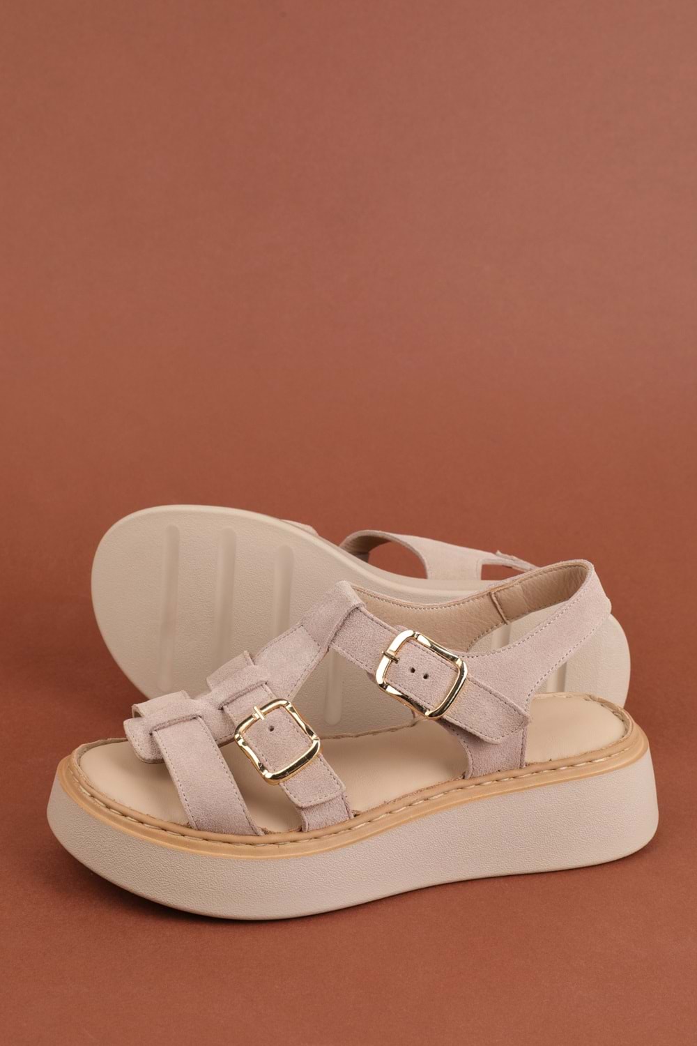 Gondol Hakiki Deri Rahat Günlük Sandalet asy.1169 - Bej Süet - 37