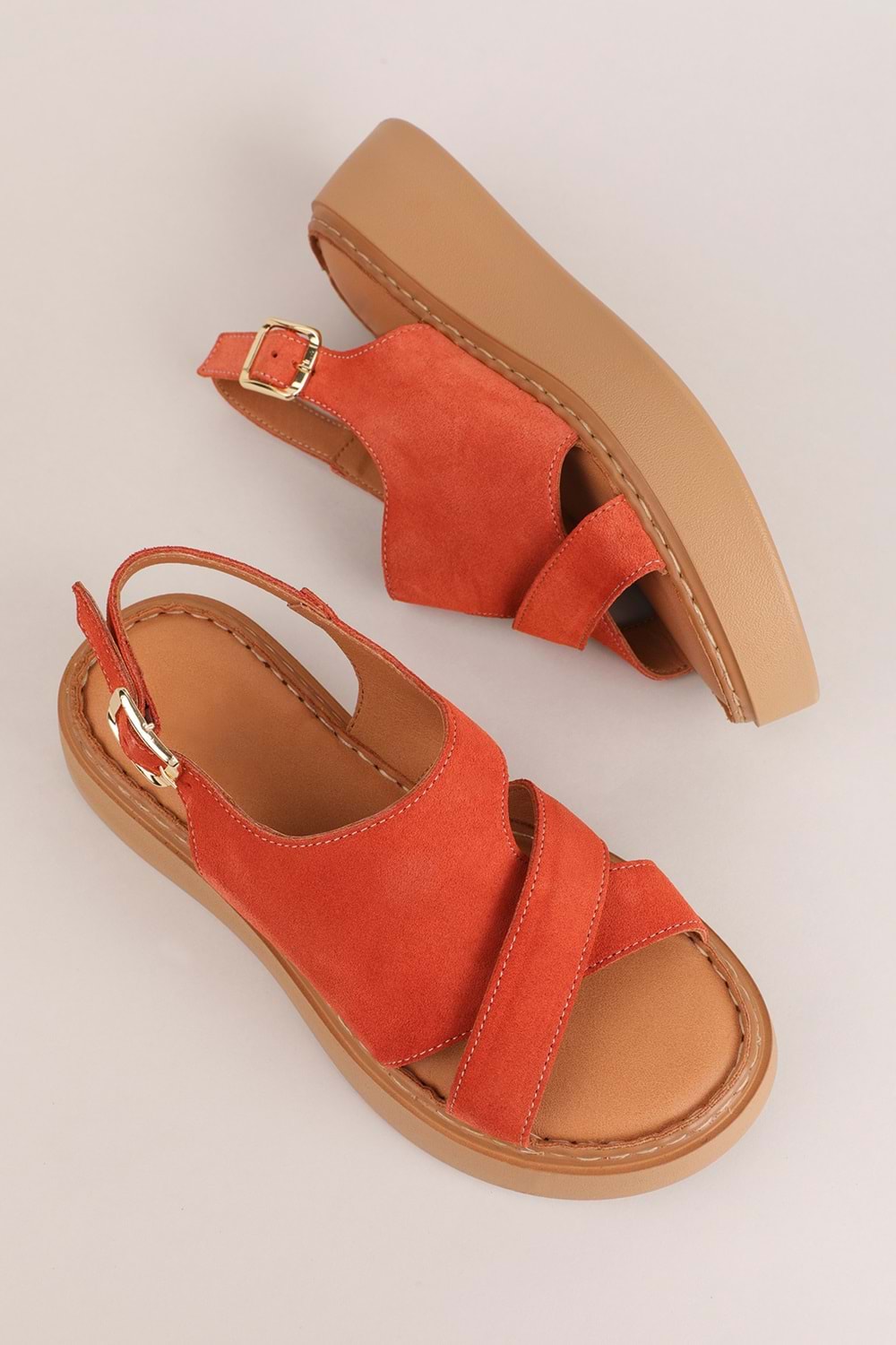 Gondol Hakiki Deri Rahat Günlük Sandalet asy.1214 - Kırmızı Süet - 38