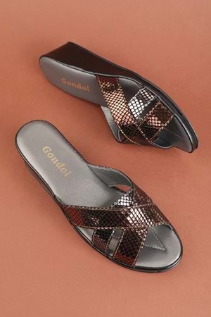 Gondol Hakiki Deri Şık Atom Ev Terliği Blc.33 - Bronz - 39