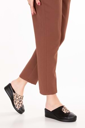 Gondol Kadın Hakiki Deri Dolgu Topuk Leopar Detaylı Sabo Terlik özl.81 - Bej Leopar - 40