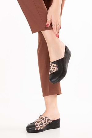 Gondol Kadın Hakiki Deri Dolgu Topuk Leopar Detaylı Sabo Terlik özl.81 - Bej Leopar - 40