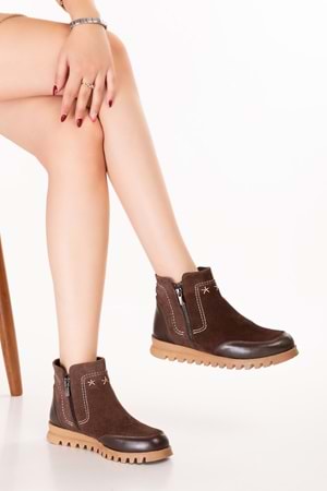 Gondol Hakiki Deri Kaymaz Taban Rahat Günlük Şık Bot mlk.6028 - Kahve Süet - 40