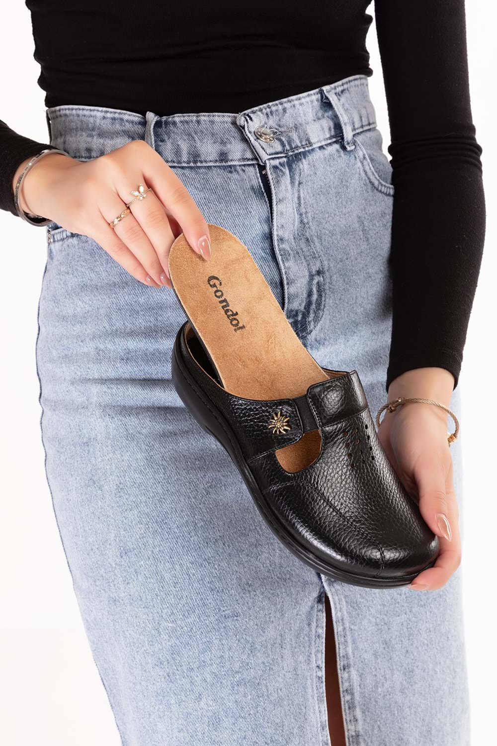 Gondol Kadın Hakiki Deri Özel Tabanı Çıkabilen Sabo Ev ve Dışarı Terlik yprk.280 - Siyah - 37