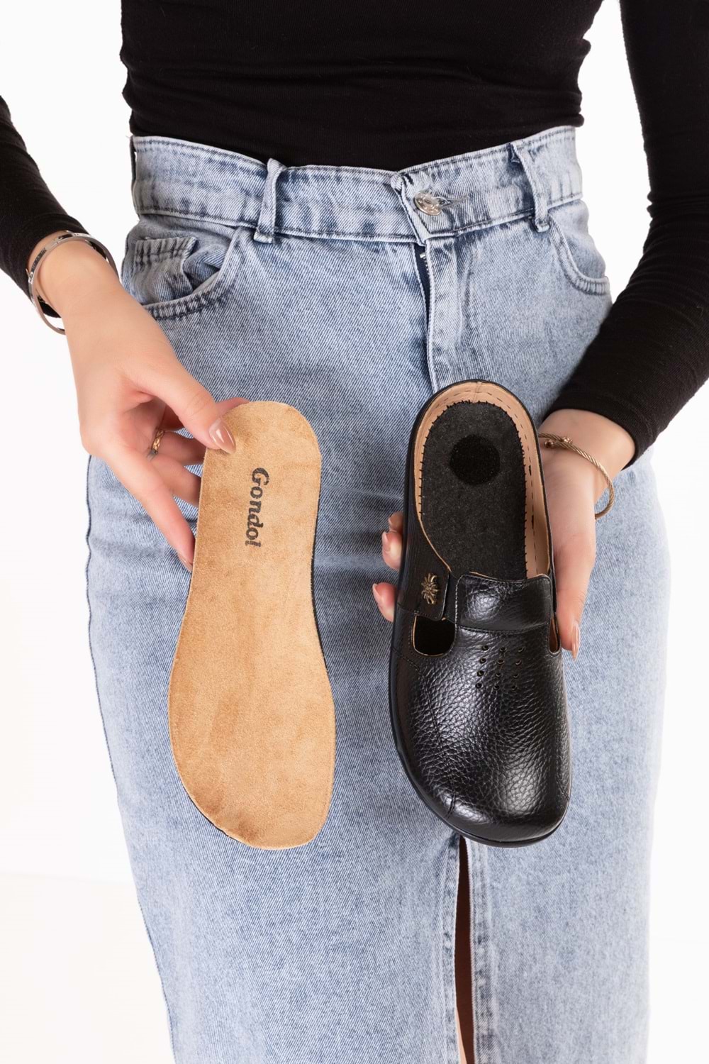 Gondol Kadın Hakiki Deri Özel Tabanı Çıkabilen Sabo Ev ve Dışarı Terlik yprk.280 - Siyah - 37