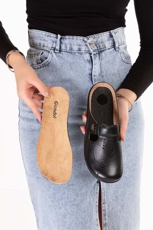 Gondol Kadın Hakiki Deri Özel Tabanı Çıkabilen Sabo Ev ve Dışarı Terlik yprk.280 - Siyah - 37