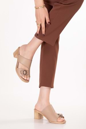 Gondol Hakiki Deri Topuklu Klasik Günlük Sandalet ez.2222rc - Vizon - 38