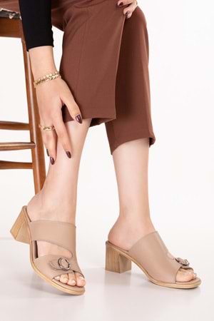 Gondol Hakiki Deri Topuklu Klasik Günlük Sandalet ez.2222rc - Vizon - 38