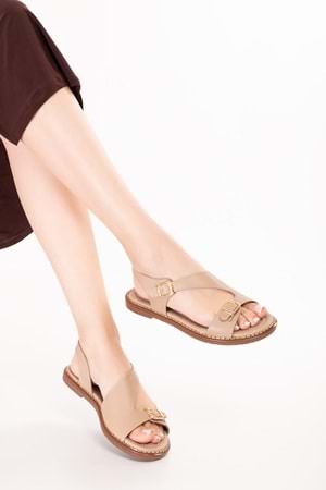 Gondol Hakiki Deri Topuklu Klasik Günlük Sandalet ez.5407mt - Bej - 36
