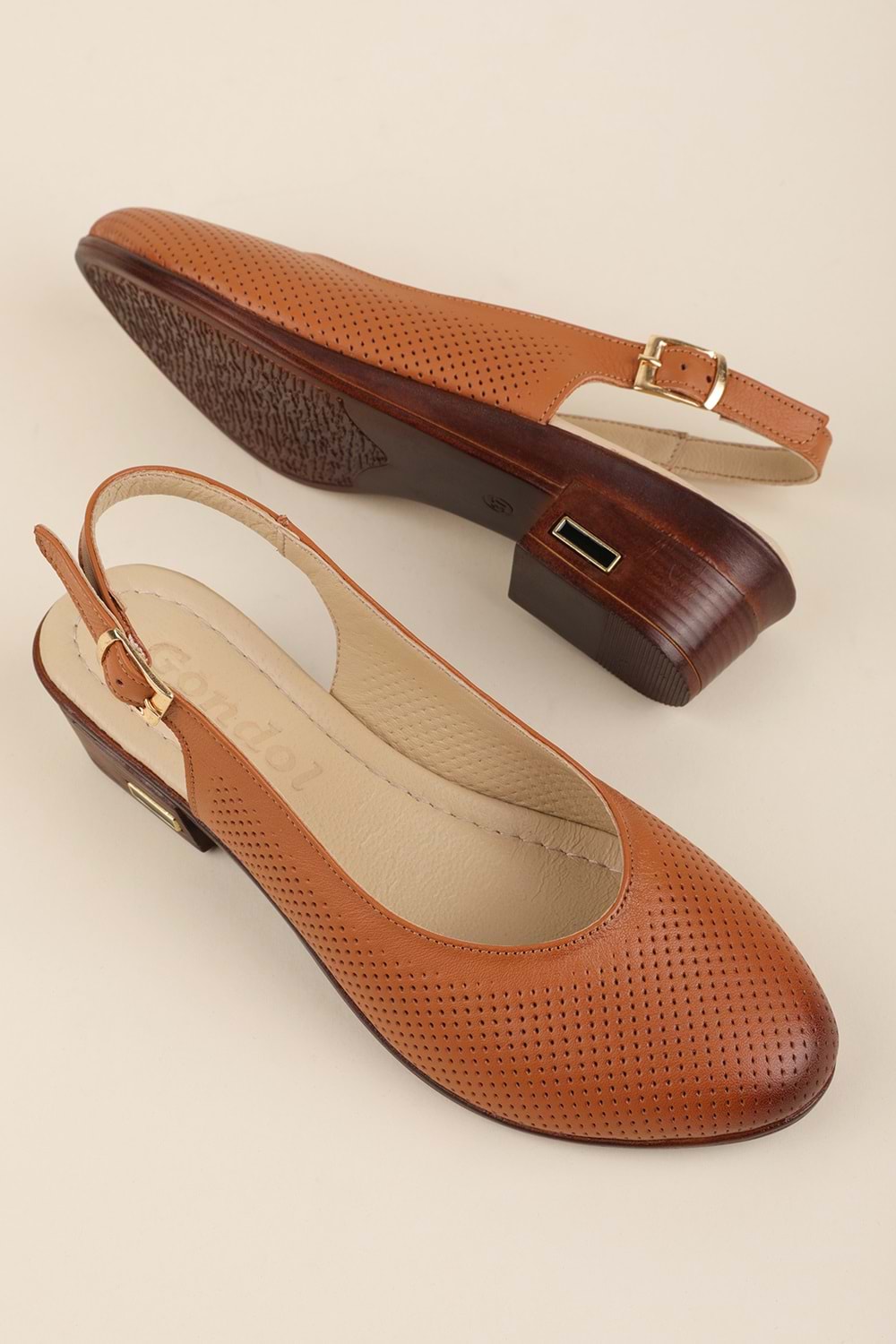 Gondol Hakiki Deri Günlük Hafif Klasik Topuklu Sandalet msa.50 - Taba - 39