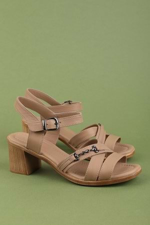 Gondol Hakiki Deri Topuklu Klasik Günlük Sandalet ez.2220bc - Vizon - 36