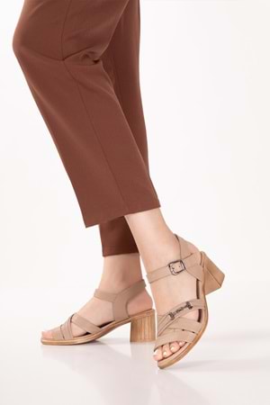 Gondol Hakiki Deri Topuklu Klasik Günlük Sandalet ez.2220bc - Vizon - 38