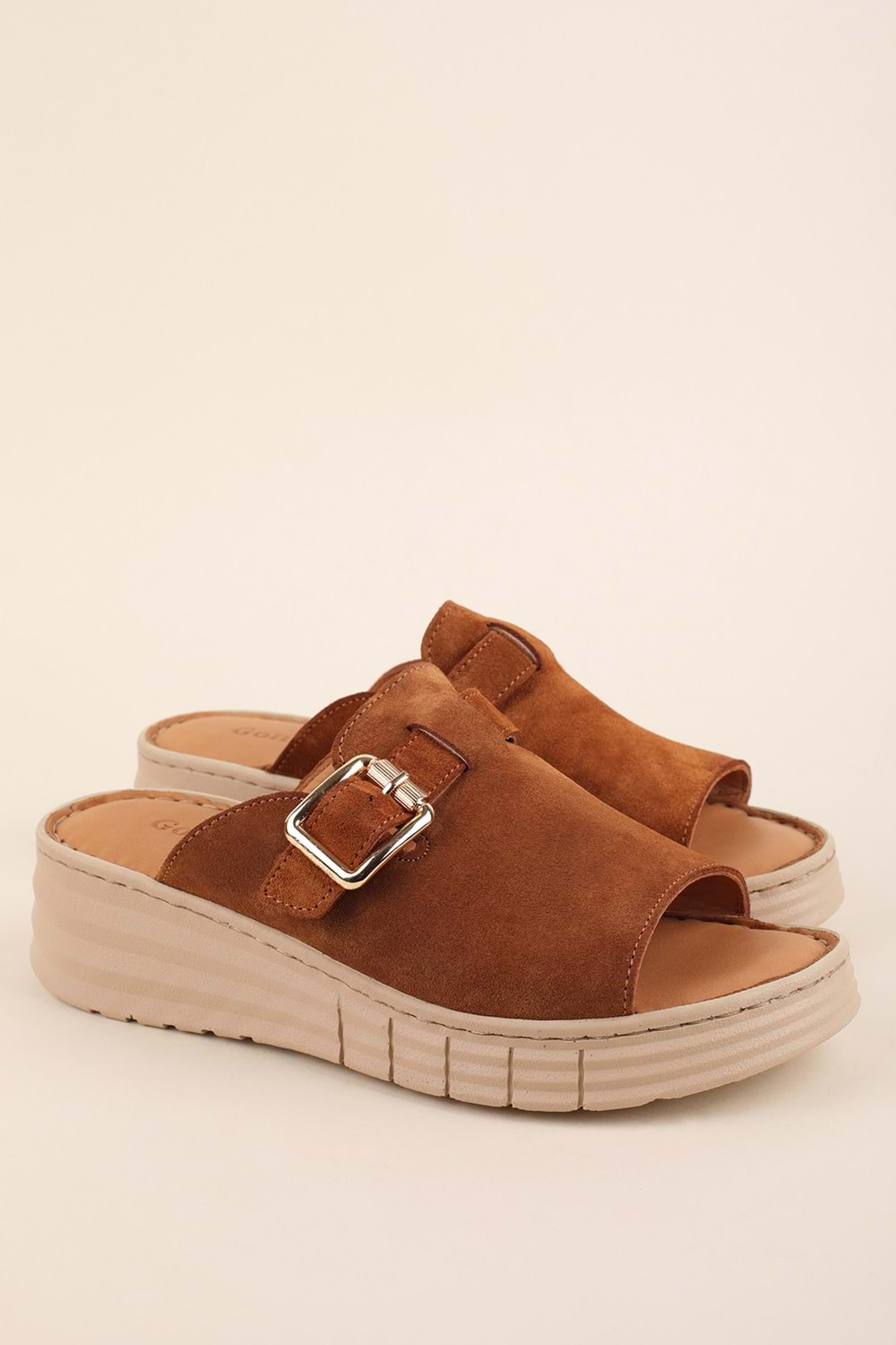 Gondol Hakiki Deri Dolgu Topuklu Rahat Terlik rh.421 - Taba Süet - 38