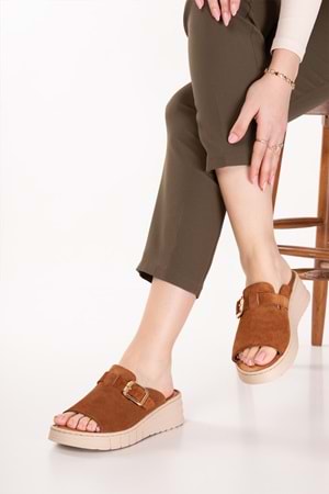 Gondol Hakiki Deri Dolgu Topuklu Rahat Terlik rh.421 - Taba Süet - 38