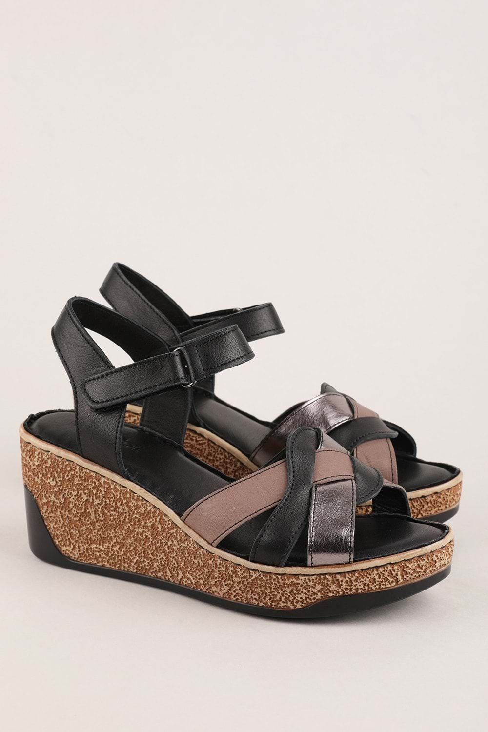 Gondol Hakiki Deri Dolgu Topuklu Günlük Sandalet rh.401 - Siyah Çelik - 36