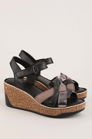 Gondol Hakiki Deri Dolgu Topuklu Günlük Sandalet rh.401 - Siyah Çelik - 36