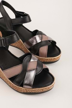 Gondol Hakiki Deri Dolgu Topuklu Günlük Sandalet rh.401 - Siyah Çelik - 36