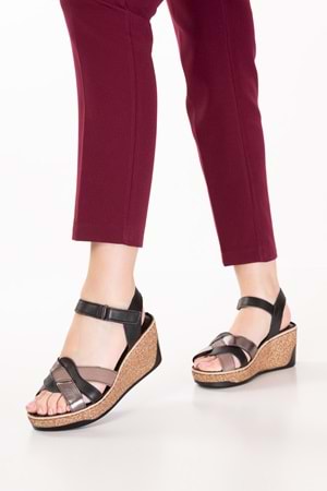 Gondol Hakiki Deri Dolgu Topuklu Günlük Sandalet rh.401 - Siyah Çelik - 36