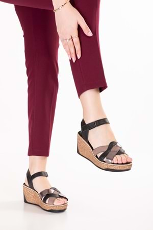 Gondol Hakiki Deri Dolgu Topuklu Günlük Sandalet rh.401 - Siyah Çelik - 36