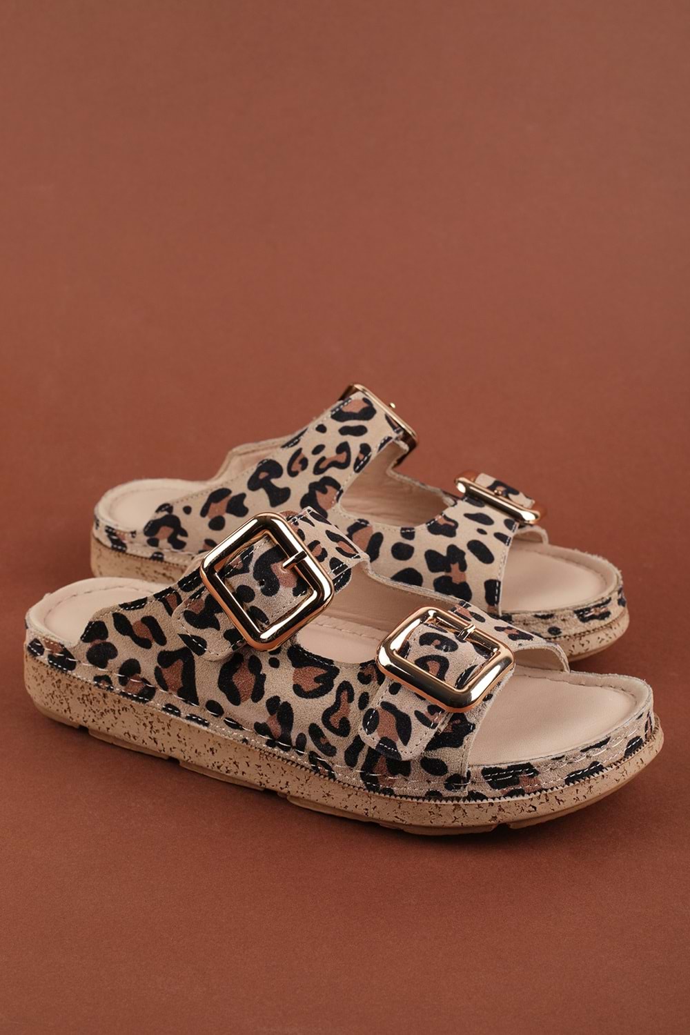Gondol Hakiki Deri Rahat Konforlu Çift Tokalı Terlik rh.200 - Bej Leopar - 36