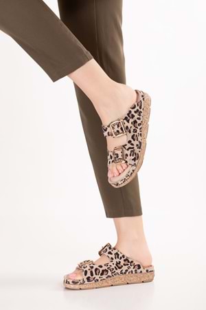 Gondol Hakiki Deri Rahat Konforlu Çift Tokalı Terlik rh.200 - Bej Leopar - 36