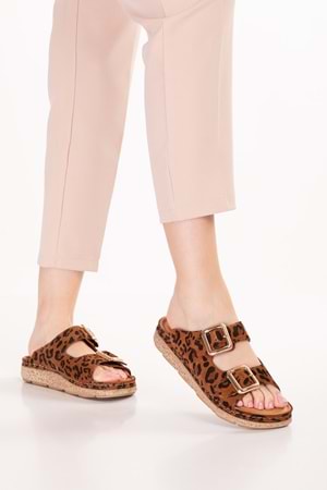 Gondol Hakiki Deri Rahat Konforlu Çift Tokalı Terlik rh.200 - Taba Leopar - 38