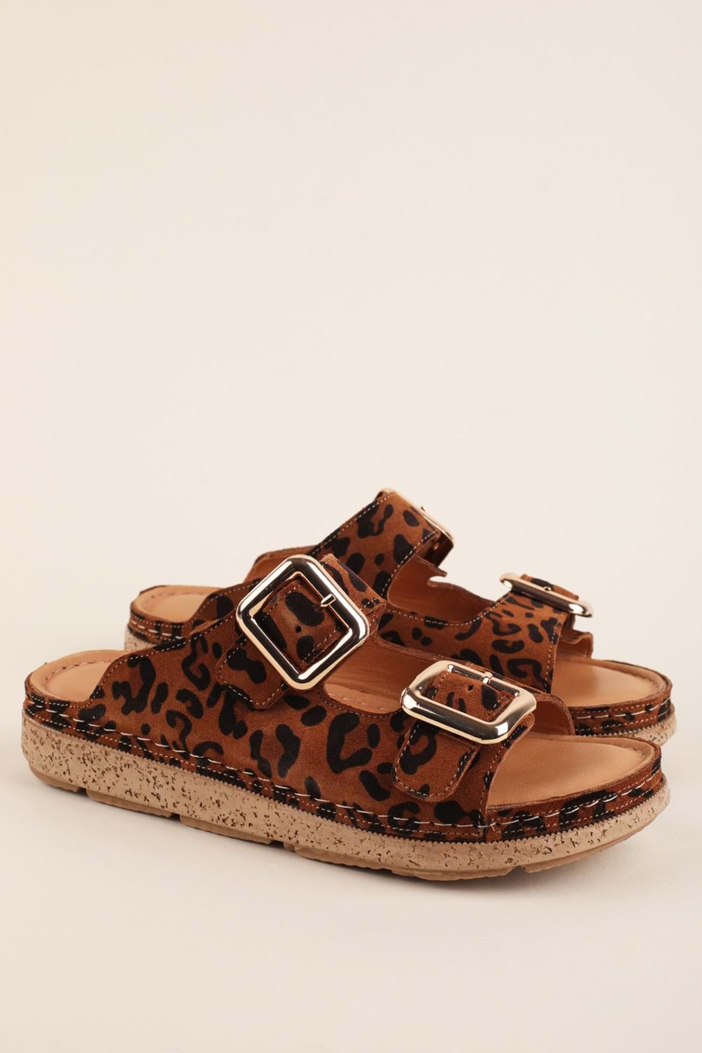 Gondol Hakiki Deri Rahat Konforlu Çift Tokalı Terlik rh.200 - Taba Leopar - 38