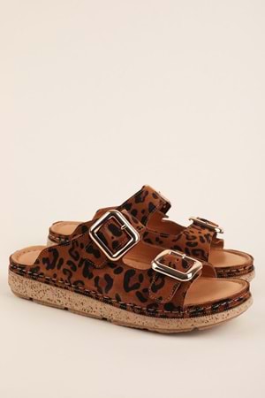 Gondol Hakiki Deri Rahat Konforlu Çift Tokalı Terlik rh.200 - Taba Leopar - 38