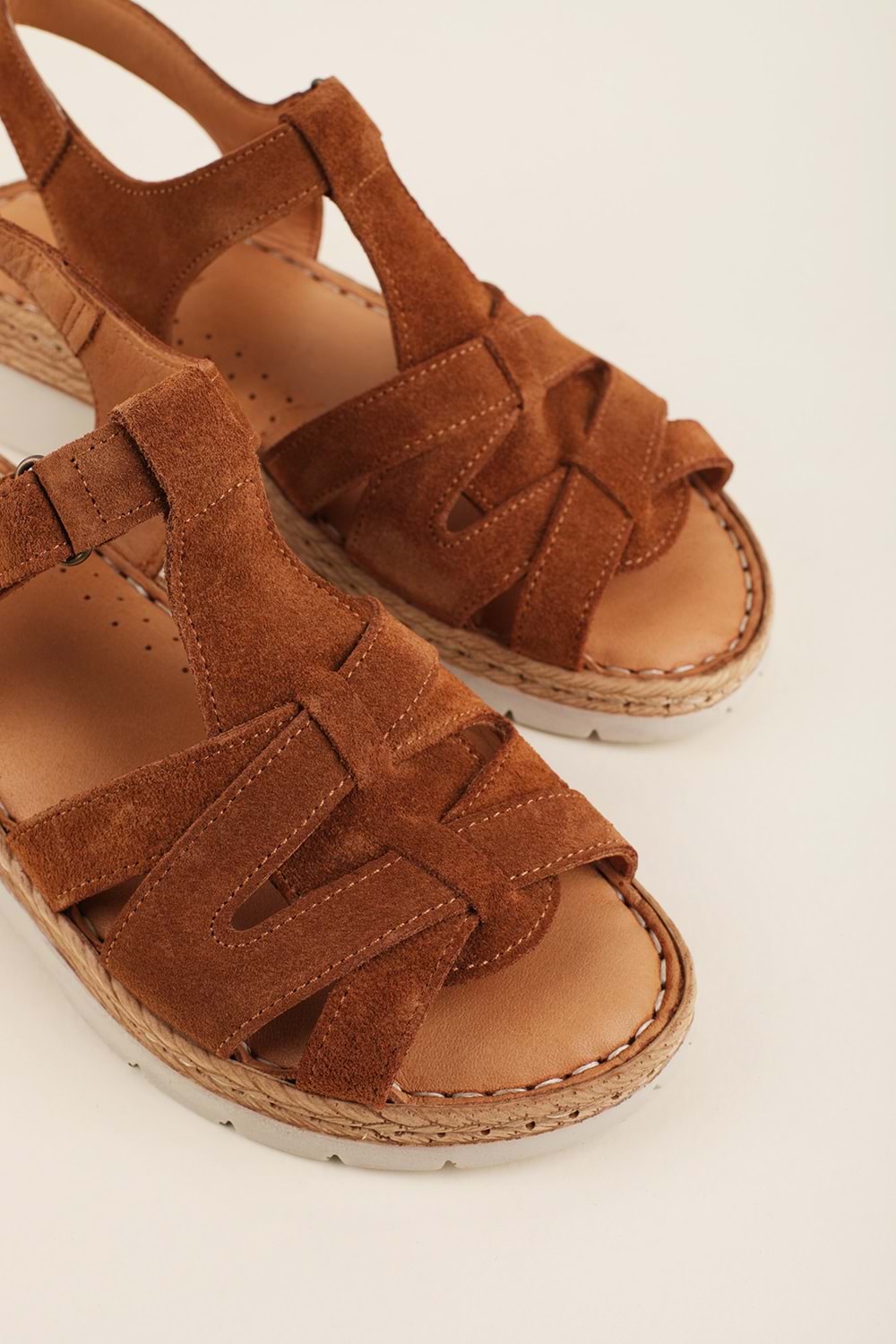 Gondol Hakiki Deri Dolgu Topuklu Günlük Sandalet rh.451 - Taba Süet - 38